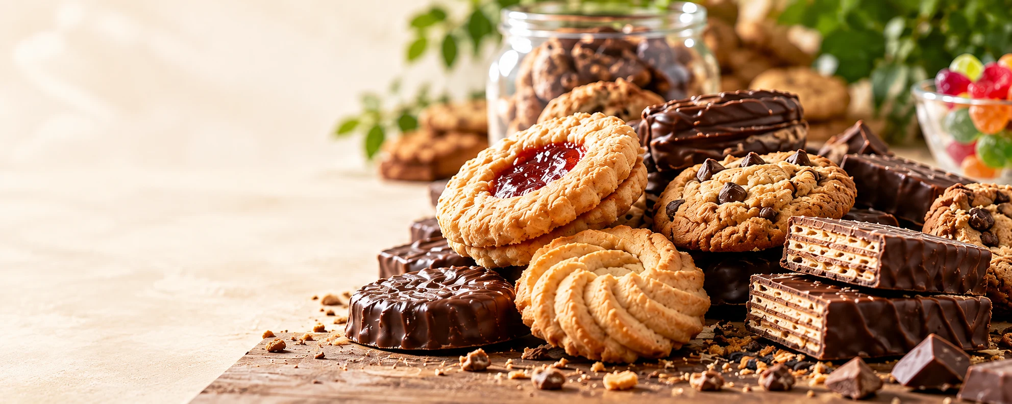Maślane ciastka, czekoladowe herbatniki i przekładane wafle